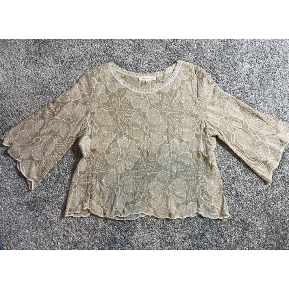 Solitaire Tan Floral Embroidered Mesh Bell Sleeve Blouse Scalloped Hem Medium